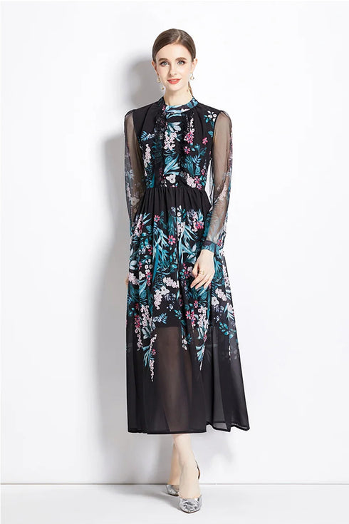 Gorgeous Floral Vintage Women's Maxi Dress, Mock Neck, Ruffled Trim, Long Sleeves, Chiffon Party, Cocktail, Festive Vestidos